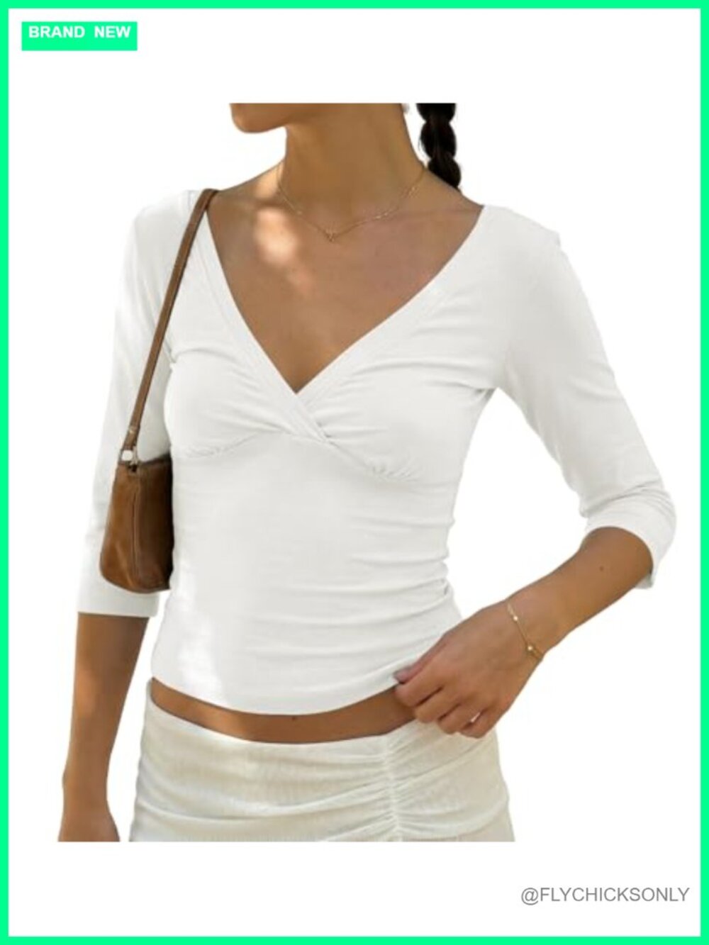 Women's 90s Vintage 3/4 Sleeve Wrap V Neck Crop Tshirt Slim Fit Open Back Y2k